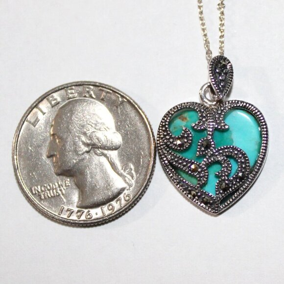 Sterling Silver Faux Turquoise & Marcasite Heart Necklace - Picture 3 of 7